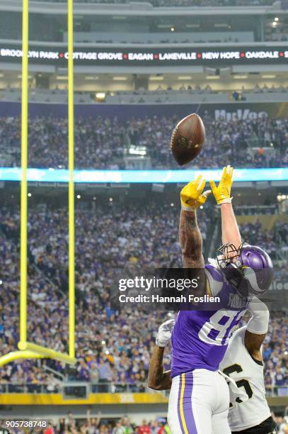 Williams of the New Orleans Saints breaks up a touchdown pass intended for Kyle Rudolph of the Minnesota Vikings during the first half of the NFC...