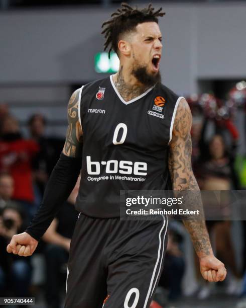 Daniel Hackett, #0 of Brose Bamberg celebrates after the 2017/2018 Turkish Airlines EuroLeague Regular Season Round 18 game between Brose Bamberg and...