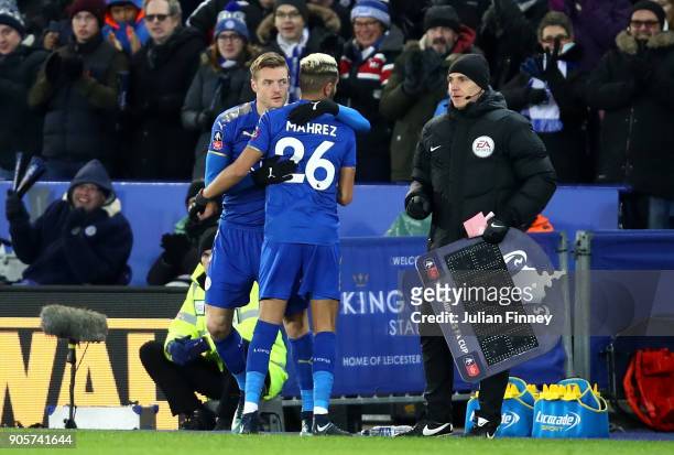 Riyad Mahrez of Leicester City is replaced by Jamie Vardy of Leicester City as a substitute during The Emirates FA Cup Third Round Replay match...