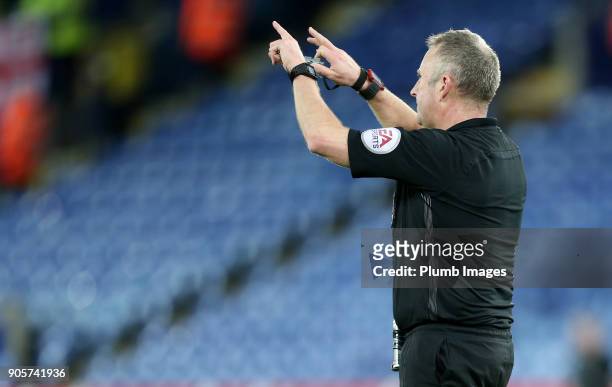 Referee Jonathan Moss consults the V.A.R. Before awarding the goal to Kelechi Iheanacho of Leicester City to make it 2-0 during the FA Cup Third...