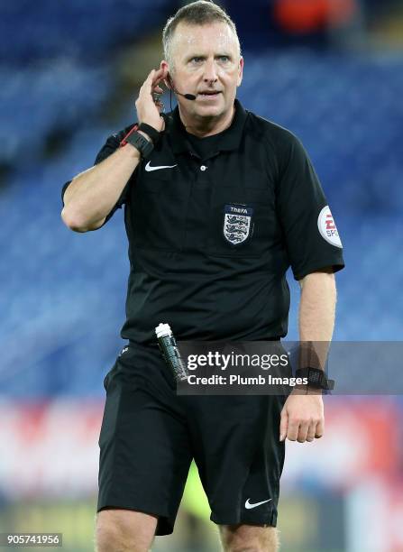Referee Jonathan Moss consults the V.A.R. Before awarding the goal to Kelechi Iheanacho of Leicester City to make it 2-0 during the FA Cup Third...