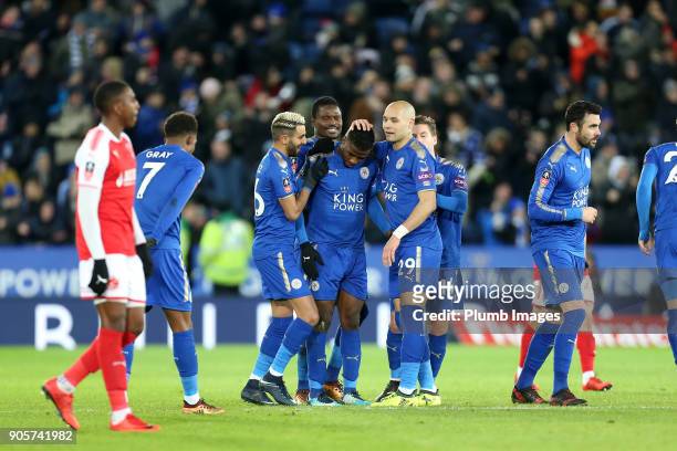 Kelechi Iheanacho of Leicester City celebrates after Jonathan Moss consults the V.A.R. And awards the goal to make it 2-0 during the FA Cup Third...