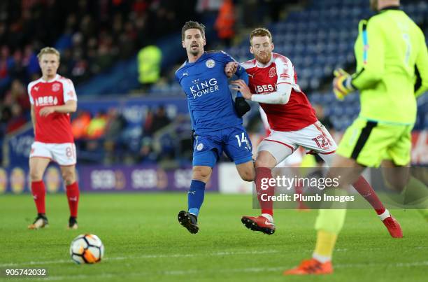 Adrien Silva of Leicester City in action with Cian Bolger of Fleetwood Town during the FA Cup Third round replay between Leicester City and Fleetwood...