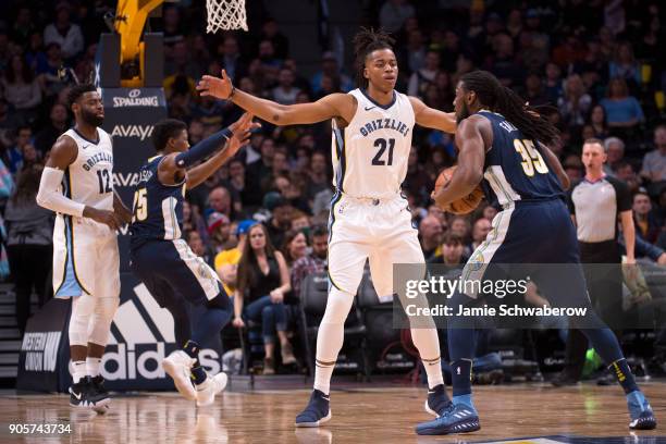 Deyonta Davis of the Memphis Grizzlies defends Kenneth Faried of the Denver Nuggets at Pepsi Center on January 12, 2018 in Denver, Colorado. NOTE TO...