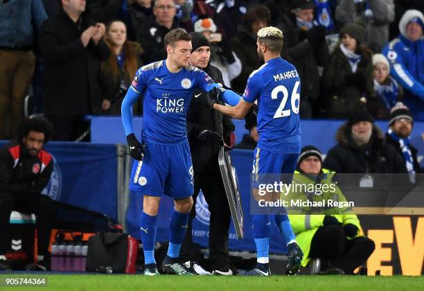 Riyad Mahrez of Leicester City is replaced by Jamie Vardy of Leicester City as a substitute during The Emirates FA Cup Third Round Replay match...