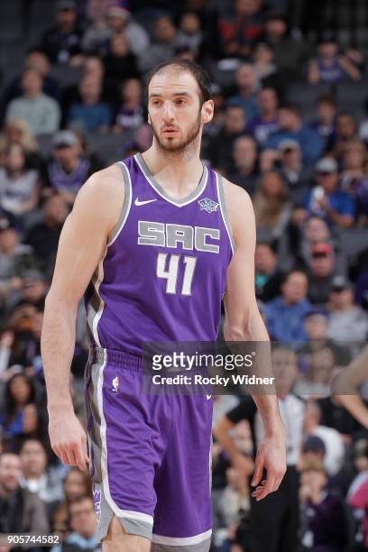 Kosta Koufos of the Sacramento Kings looks on during the game against the San Antonio Spurs on January 8, 2018 at Golden 1 Center in Sacramento,...