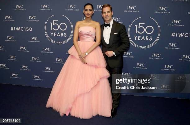 Schaffhausen CEO Christoph Grainger-Herr and Sonam Kapoor attend the IWC Schaffhausen Gala celebrating the Maisons 150th anniversary and the launch...