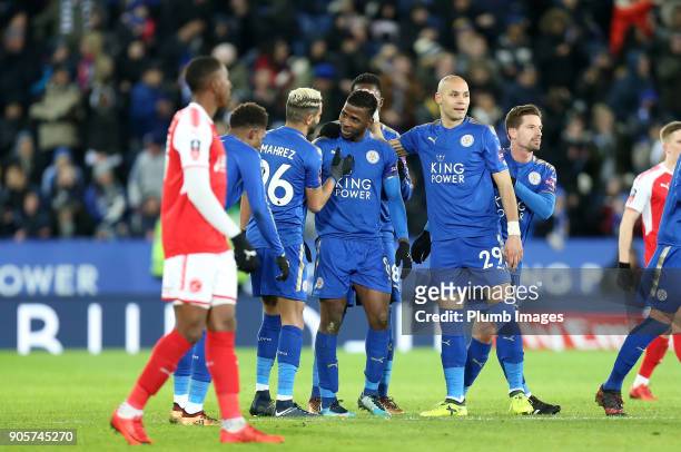 Kelechi Iheanacho of Leicester City celebrates after Jonathan Moss consults the V.A.R. And awards the goal to make it 2-0 during the FA Cup Third...