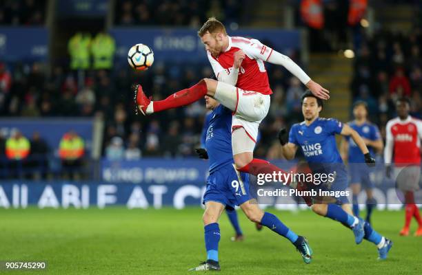 Jamie Vardy of Leicester City in action with Cian Bolger of Fleetwood Town during the FA Cup Third round replay between Leicester City and Fleetwood...