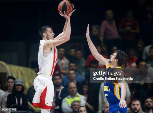 Nemanja Dangubic of Crvena Zvezda in action against Alexey Shved of Khimki during the 2017/2018 Turkish Airlines EuroLeague Regular Season Round 18...