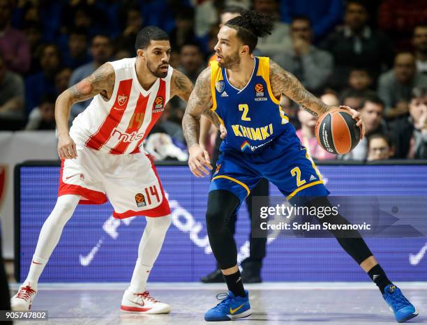 Tyler Honeycutt of Khimki in action against James Feldeine of Crvena Zvezda during the 2017/2018 Turkish Airlines EuroLeague Regular Season Round 18...