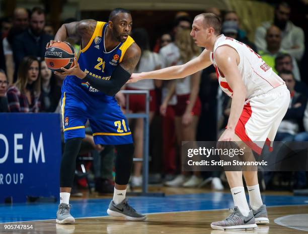 James Anderson of Khimki in action against Dejan Davidovac of Crvena Zvezda during the 2017/2018 Turkish Airlines EuroLeague Regular Season Round 18...