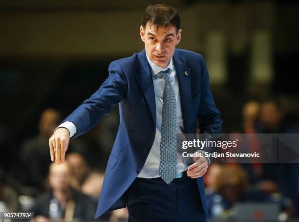 Head coach Georgios Bartzokas of Khimki reacts during the 2017/2018 Turkish Airlines EuroLeague Regular Season Round 18 game between Crvena Zvezda...