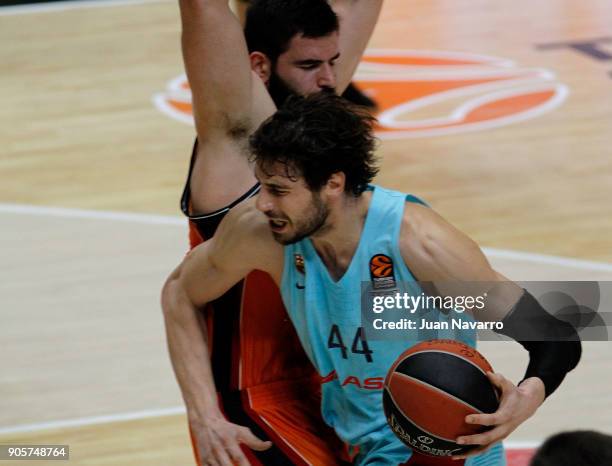 Ante Tomic, #44 of FC Barcelona Lassa competes with Bojan Dubljevic, #14 of Valencia Basket during the 2017/2018 Turkish Airlines EuroLeague Regular...