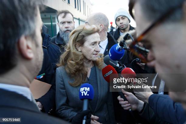French Justice Minister Nicole Belloubet speaks to journalists as she arrives to visit Vendin-le-Vieil prison on January 16, 2018 in Vendin-le-Vieil,...