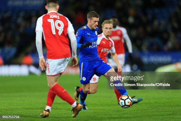 Jamie Vardy of Leicester in action during The Emirates FA Cup Third Round Replay match between Leicester City and Fleetwood Town at the King Power...