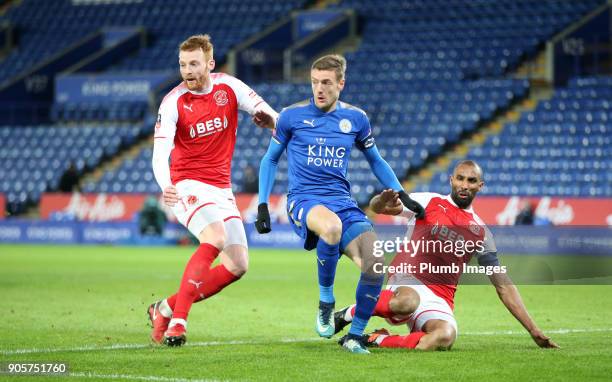 Jamie Vardy of Leicester City in action with Cian Bolger of Fleetwood Town during the FA Cup Third round replay between Leicester City and Fleetwood...
