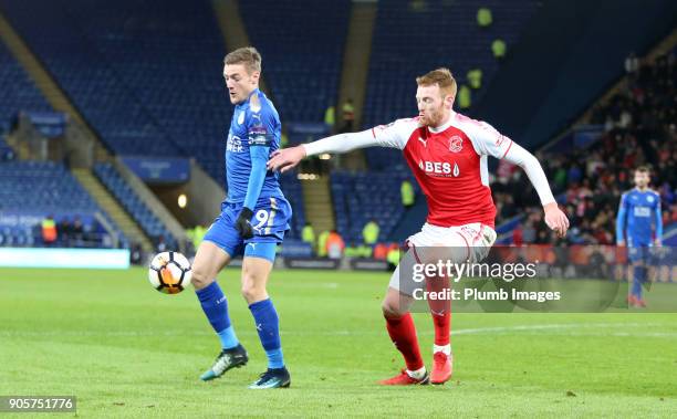 Jamie Vardy of Leicester City in action with Cian Bolger of Fleetwood Town during the FA Cup Third round replay between Leicester City and Fleetwood...