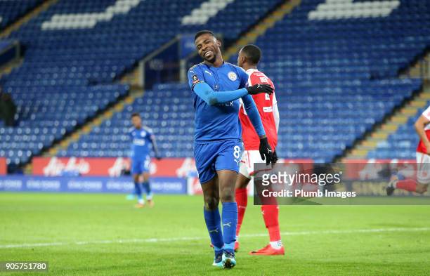 Kelechi Iheanacho of Leicester City reacts to his goal being given off side before referee Jonathan Moss consults the V.A.R. And awards the goal to...