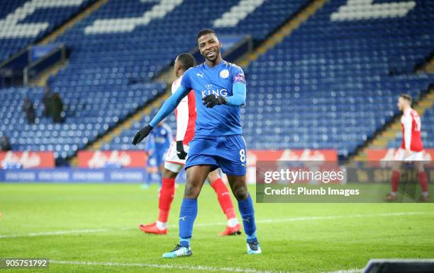 Kelechi Iheanacho of Leicester City reacts to his goal being given off side before referee Jonathan Moss consults the V.A.R. And awards the goal to...