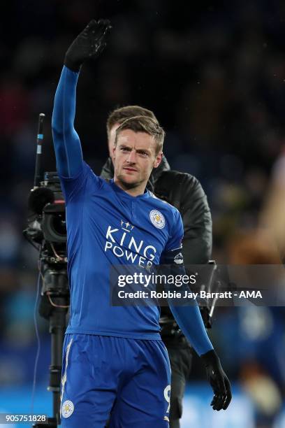 Jamie Vardy of Leicester City waves to the Fleetwood Town fans at full time during The Emirates FA Cup Third Round Replay match between Leicester...