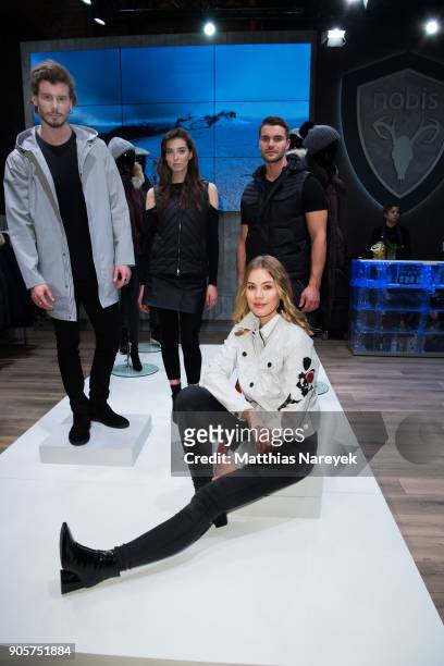 Models present jackets during the Nobis Cocktail at Premium Berlin on January 16, 2018 in Berlin, Germany.