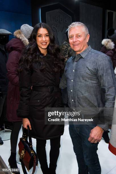 Rebecca Mir and Nobis co-founder Robin Yates during the Nobis Cocktail at Premium Berlin on January 16, 2018 in Berlin, Germany.