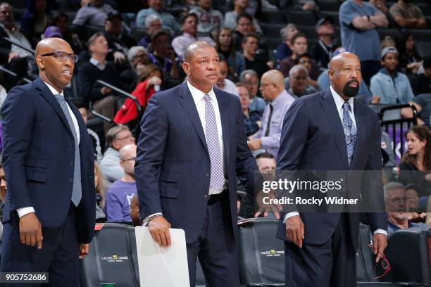 Head Coach Doc Rivers and assistant coaches Sam Cassell and Mike Woodson of the Los Angeles Clippers coache against the Sacramento Kings on January...