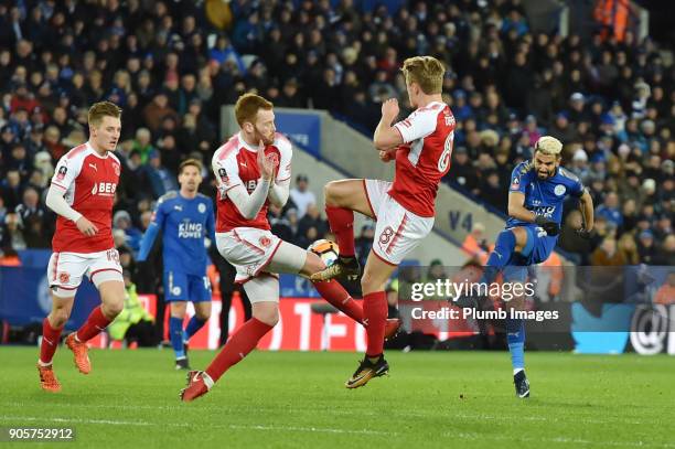 Riyad Mahrez of Leicester City lets fly with a long range shot during the FA Cup Third round replay between Leicester City and Fleetwood Town at The...
