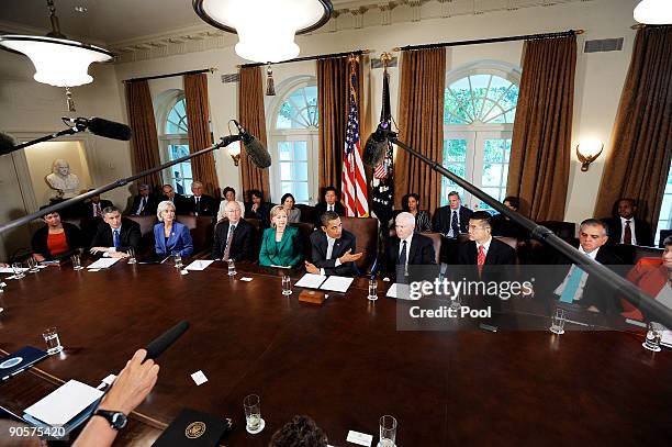 President Barack Obama speaks as Environmental Protection Agency Administrator Lisa Jackson, Education Secretary Arne Duncan, Health and Human...