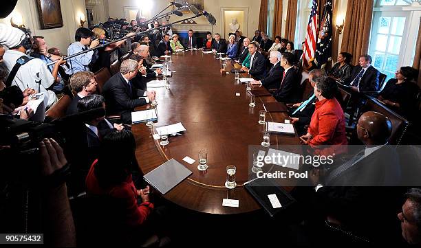 President Barack Obama speaks as Environmental Protection Agency Administrator Lisa Jackson, Education Secretary Arne Duncan, Health and Human...