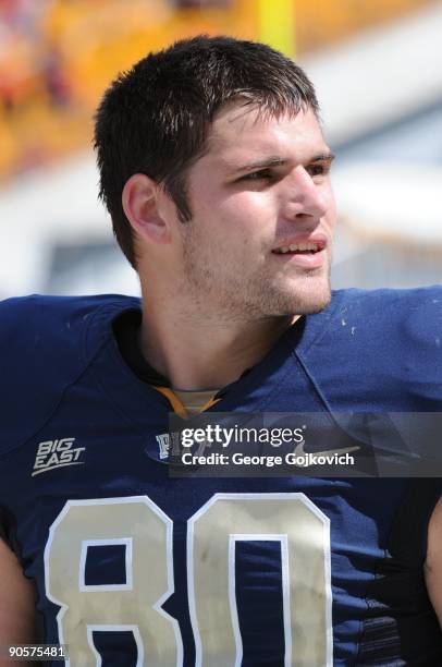 Tight end Nate Byham of the University of Pittsburgh Panthers looks on from the sideline during a college football game against the Youngstown State...