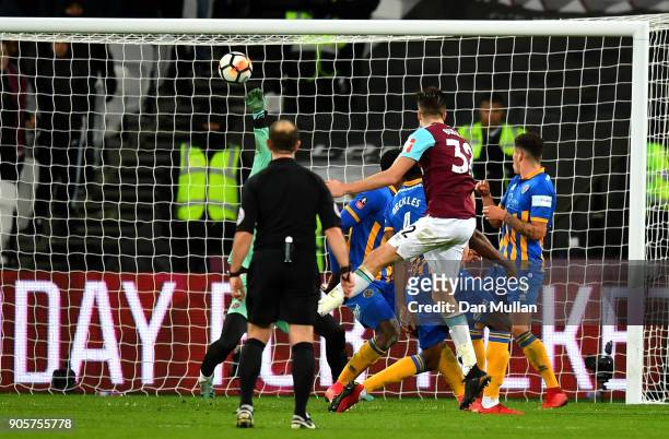 Reece Burke of West Ham United scores their first goal during The Emirates FA Cup Third Round Replay match between West Ham United and Shrewsbury...