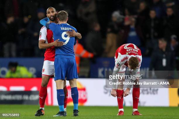 Nathan Pond of Fleetwood Town and Jamie Vardy of Leicester City share a hug at full time during The Emirates FA Cup Third Round Replay match between...