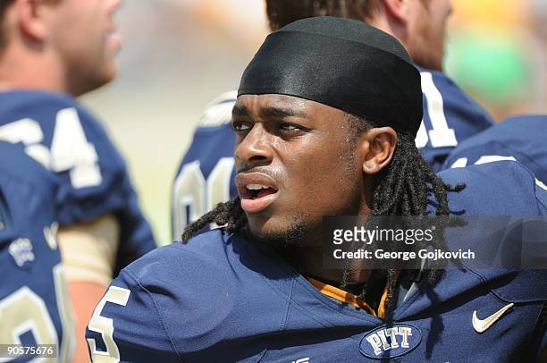 Kick returner/punt returner Cameron Saddler of the University of Pittsburgh Panthers looks on from the sideline before a college football game...