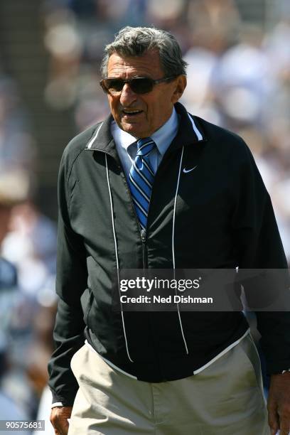 Head coach Joe Paterno of the Penn State Nittany Lions walks on the sideline during the game against the University of Akron Zips at Beaver Stadium...