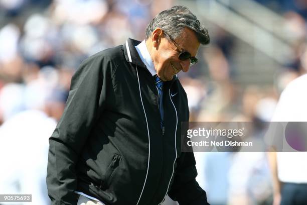 Head coach Joe Paterno of the Penn State Nittany Lions smiles on the sideline during the game against the University of Akron Zips at Beaver Stadium...