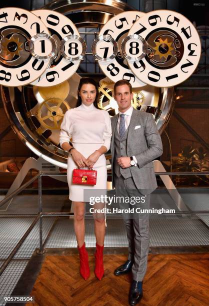 Adriana Lima and IWC Schaffhausen CEO Christoph Grainger-Herr at the IWC booth during the Maison's launch of its Jubilee Collection at the Salon...