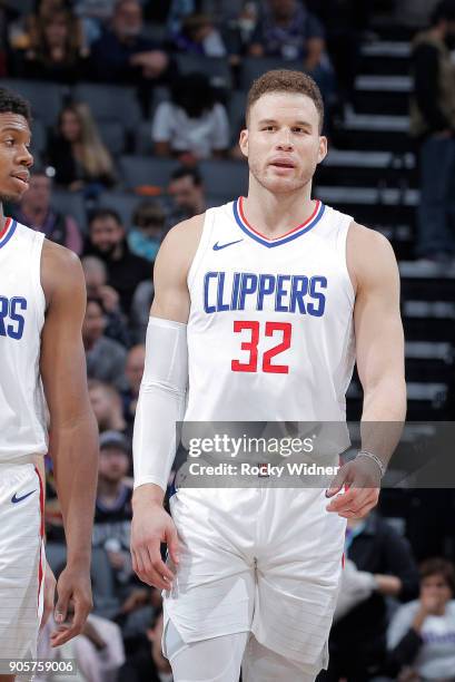 Blake Griffin of the Los Angeles Clippers looks on during the game against the Sacramento Kings on January 11, 2018 at Golden 1 Center in Sacramento,...