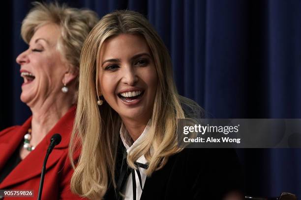 Ivanka Trump , Adviser and daughter of President Donald Trump, and U.S. Small Business Administration Administrator Linda McMahon react as they...