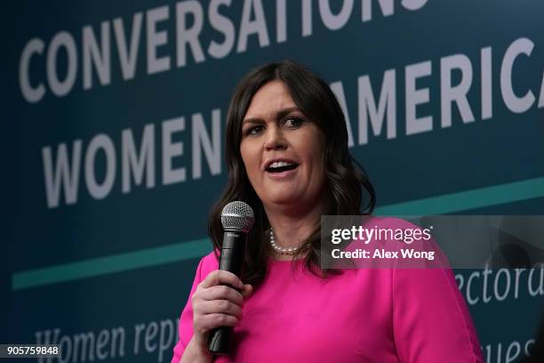 White House Press Secretary Sarah Sanders speaks as she participates in a Conversations with the Women of America panel at the South Court Auditorium...