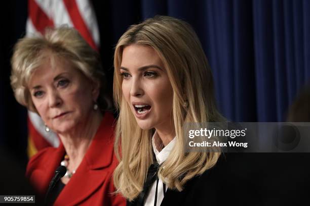 Ivanka Trump , Adviser and daughter of President Donald Trump, speaks as U.S. Small Business Administration Administrator Linda McMahon listens as...