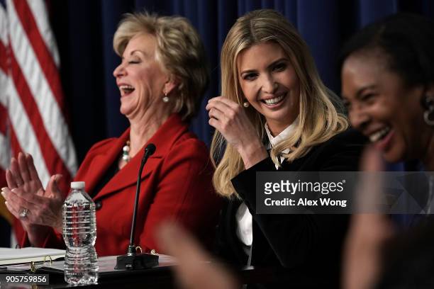 Ivanka Trump , Adviser and daughter of President Donald Trump, and U.S. Small Business Administration Administrator Linda McMahon react as they...