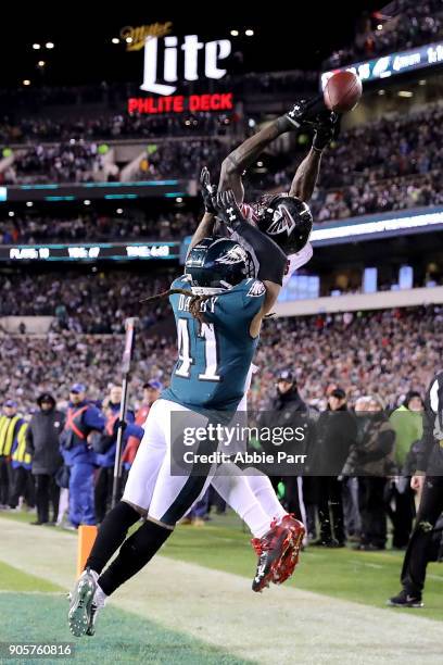 Ronald Darby of the Philadelphia Eagles breaks up a pas to Julio Jones of the Atlanta Falcons in the fourth quarter during the NFC Divisional Playoff...