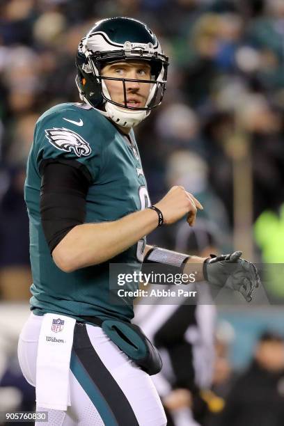 Nick Foles of the Philadelphia Eagles reacts in the second quarter against the Atlanta Falcons during the NFC Divisional Playoff game game at Lincoln...