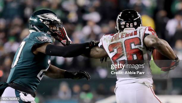 Malcolm Jenkins of the Philadelphia Eagles goes to tackle Tevin Coleman of the Atlanta Falcons in the second half during the NFC Divisional Playoff...