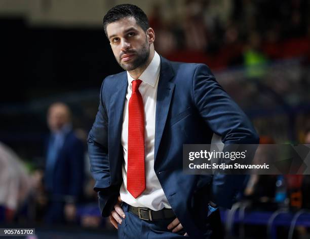 Head coach Dusan Alimpijevic of Crvena Zvezda looks on during the 2017/2018 Turkish Airlines EuroLeague Regular Season Round 18 game between Crvena...