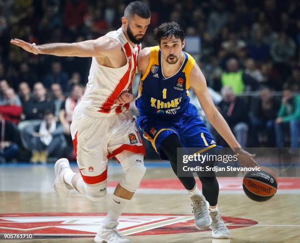 Alexey Shved of Khimki in action against Branko Lazic of Crvena Zvezda during the 2017/2018 Turkish Airlines EuroLeague Regular Season Round 18 game...