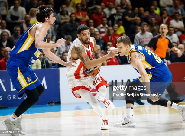 James Feldeine of Crvena Zvezda in action against Alexey Shved and Andrey Zubkov of Khimki during the 2017/2018 Turkish Airlines EuroLeague Regular...