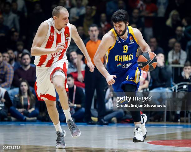 Stefan Markovic of Khimki in action against Dejan Davidovac of Crvena Zvezda during the 2017/2018 Turkish Airlines EuroLeague Regular Season Round 18...